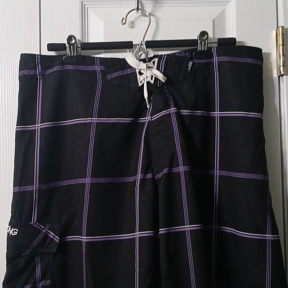 Billabong Mens Board Shorts Swim Trunk Black Purple Check Plaid Drawstring Sz 36 - Picture 3 of 11
